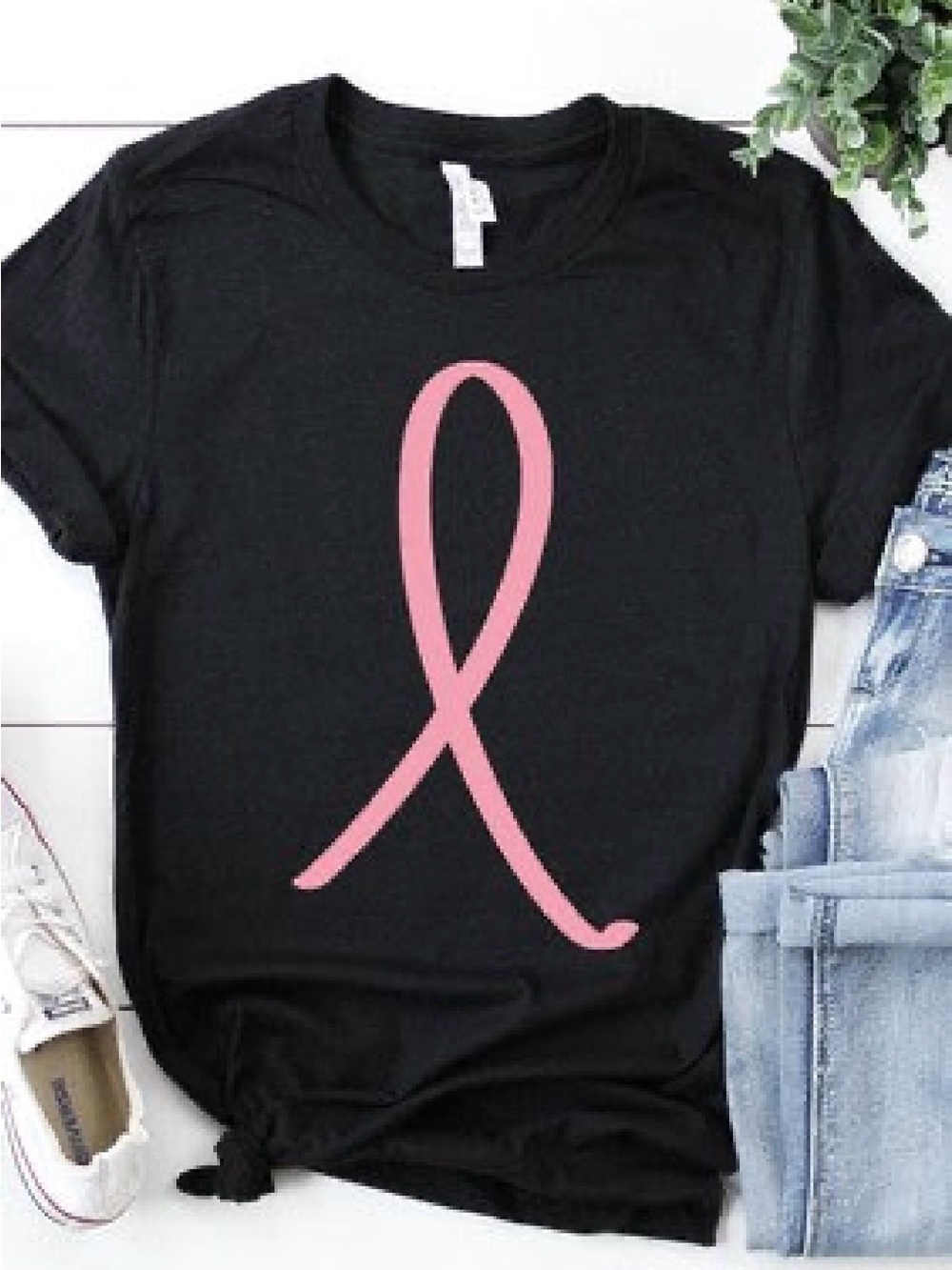 Bella Canvas Black Tee with Pink Ribbon Graphic